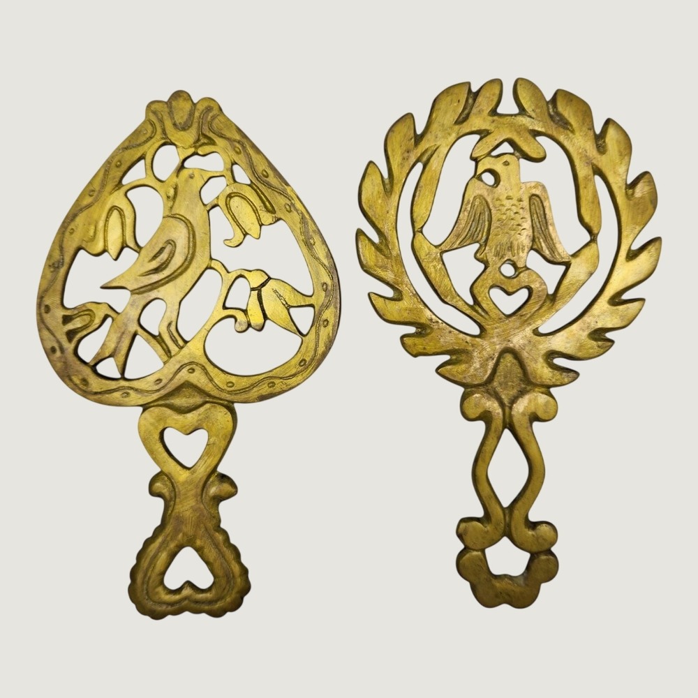 Vintage Made in Japan Brass Trivets MCM Regency 2 Gold Tone Filigree Bird Eagle